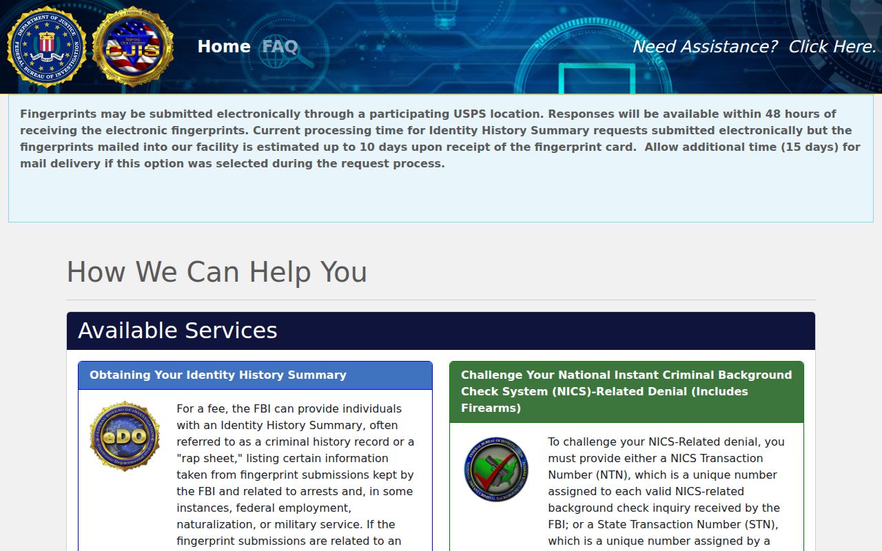 Johnson County criminal history request through the FBI identity history portal